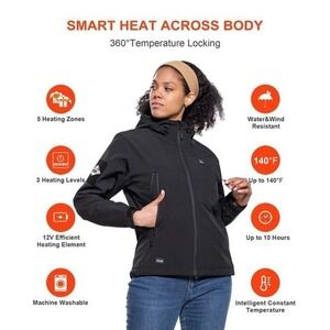 Dewbu Heated Jacket Women Black Softshell Fleece 12V 5 Heating Zones‎ Small